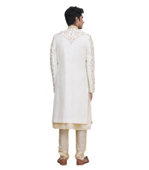 Off White Silk Brocade Ethnic Wear Sherwani