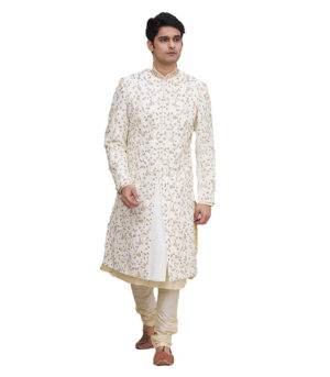 Off White Silk Brocade Ethnic Wear Sherwani