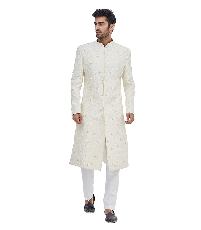 Cream Silk Party Wear Sherwani Zakarto