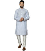 Grey Cotton Linen Strip Mens Wear Kurta & Pyjama