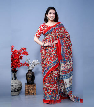 Red Hand Block Print Cotton Floral Design Saree