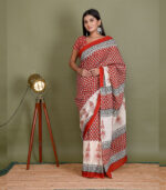 Red & Black Hand Block Sanganeri Print Cotton Saree