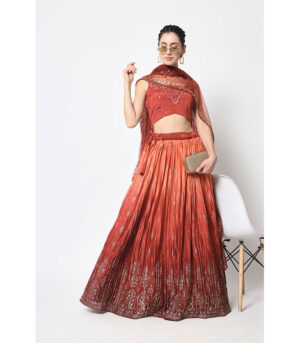 Rust Orange Silk Foil Printed Lehenga Choli