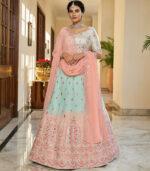 Sky Peach Thread Embroidered With Mirror Work Wedding Bridal Lehenga Choli