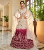 Beige Maroon Thread Embroidered With Mirror Work Wedding Bridal Lehenga Choli