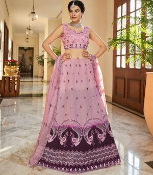 Dusty Pink Purple Thread Embroidered Work Wedding Bridal Lehenga Choli
