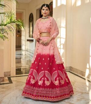 Peach Deep Pink Sequence Embroidered Work Wedding & Party Bridal Lehenga Choli