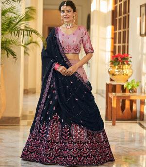 Dust Pink And Navy Thread And Sequence Embroidered Bridal Lehenga Choli