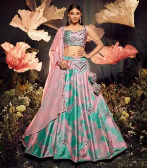 Sky Pink Sibburi Print With Sequence Embroidery Bridal Lehenga Choli