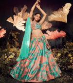 Turquoise Orange Sibburi Print With Sequence Embroidery Bridal Lehenga Choli