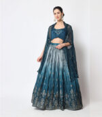 Teal Blue Chinon Silk Foil Printed Lehenga Choli