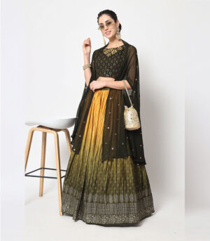 Olive Green Silk Foil Printed Lehenga Choli