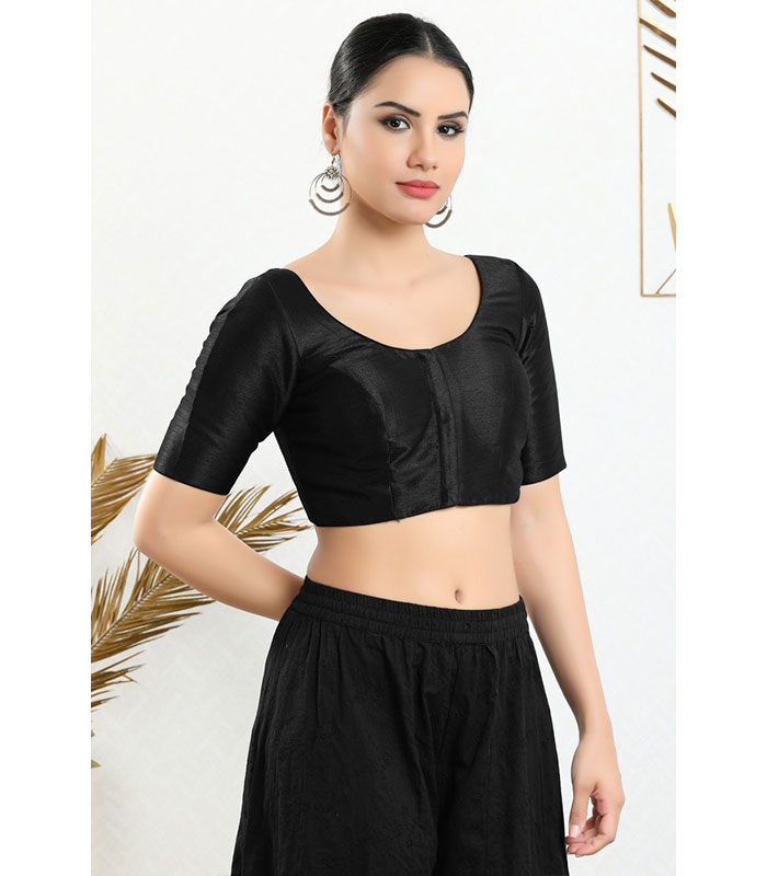 Black Art Silk Round Neck Women Readymade Blouse - Zakarto