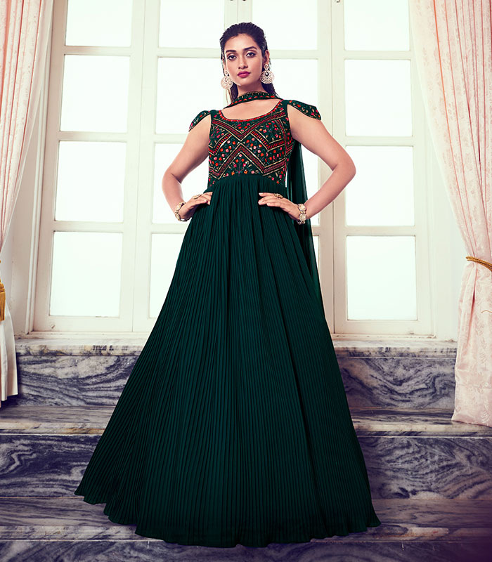 Dark Green Ethnic Gown, Printed, Stitched at Rs 2695/piece in Ahmedabad |  ID: 25235903762