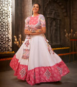 White Jacquard Cotton Thread Embroidered Navratri Lehenga Choli
