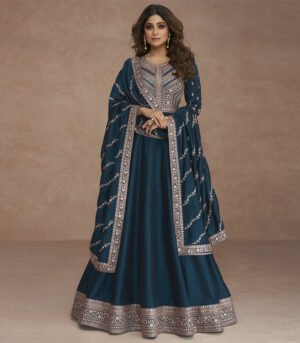 Shamita Shetty Teal Blue Sequence Embroidery Festive Anarkali Gown