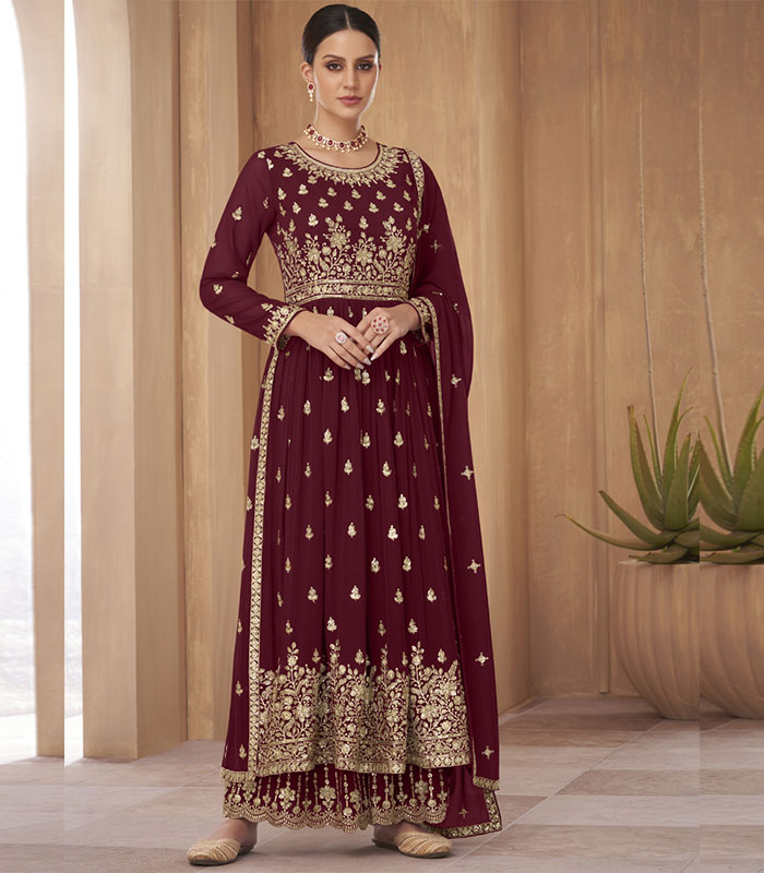 Buy Maroon Embroidery Work Georgette Palazzo Suit Online