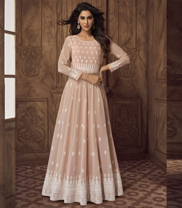 Peachish Pink Anarkali Gown Set with Abla Work Bodice - Seasons India