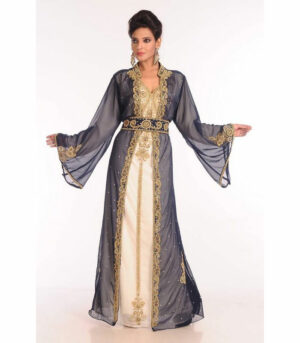 Inner Cream And Jacket Navy Blue Mix Embroidered Georgette Islamic Kaftan