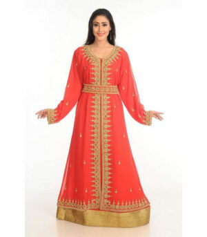 Red Zari Work Stones & Beads Embellish Georgette Islamic Style Arabian Maxi Partywear Kaftan