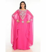 Pink Zari Work Stones & Beads Embellish Georgette Islamic Style Arabian Maxi Partywear Kaftan