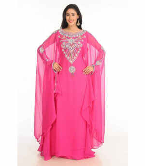 Pink Zari Work Stones & Beads Embellish Georgette Islamic Style Arabian Maxi Partywear Kaftan