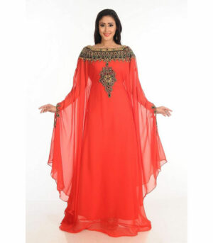 Red Zari Work Stones & Beads Embellish Georgette Islamic Style Arabian Maxi Partywear Kaftan