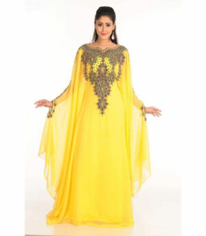 Yellow Zari Work Stones & Beads Embellish Georgette Islamic Style Arabian Maxi Partywear Kaftan