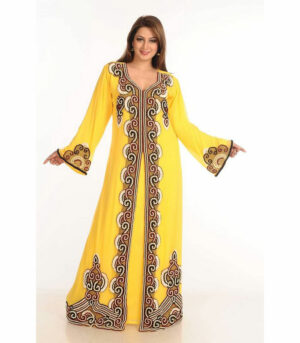 Yellow Zari Work Stones & Beads Embellish Georgette Islamic Style Arabian Maxi Partywear Kaftan