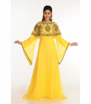 Yellow Zari Work Stones & Beads Embellish Georgette Islamic Style Arabian Maxi Partywear Kaftan