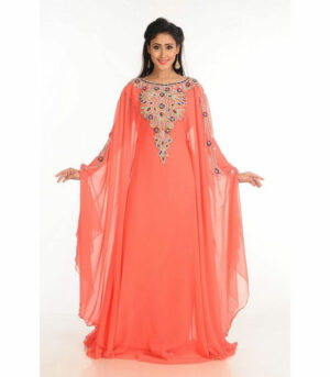Peach Zari Work Stones & Beads Embellish Georgette Islamic Style Arabian Maxi Partywear Kaftan