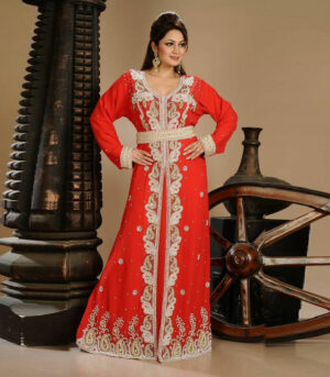 Red Zari Work Stones & Beads Embellish Georgette Islamic Style Arabian Maxi Partywear Kaftan