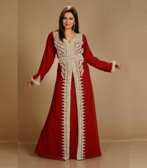 Maroon Zari Work Stones & Beads Embellish Georgette Islamic Style Arabian Maxi Partywear Kaftan