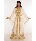 Cream Zari Work Stones & Beads Embellish Georgette Islamic Style Arabian Maxi Partywear Kaftan