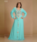 Turquoise Zari Work Stones & Beads Embellish Georgette Islamic Style Arabian Maxi Partywear Kaftan