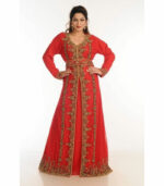 Red Zari Work Georgette Islamic Style Party Wear Stones And Beads Embedded Arabian Kaftan