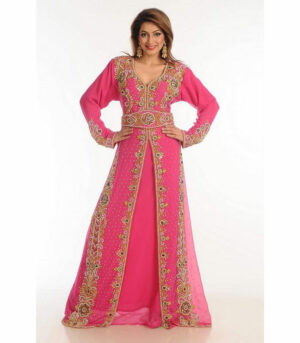 Pink Zari Work Georgette Islamic Style Party Wear Stones And Beads Embedded Arabian Kaftan