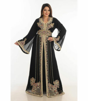 Black Zari Work Georgette Islamic Style Party Wear Stones And Beads Embedded Arabian Kaftan