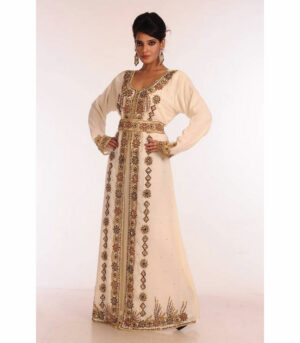 Cream Embroidered Georgette Islamic Kaftan