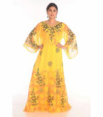 Sale !! Moroccan Islamic Yellow Kaftan Beach Fancy Modern Floor Length Bell Sleeve For Women Dress