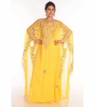 Sale !! Dubai Moroccan Islamic Yellow Kaftan Beach Fancy Modern Floor Length Bell Sleeve For Women Dress