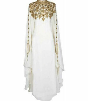 Sale !! Moroccan Islamic Off-White Kaftan Beach Fancy Modern Floor Length Bell Sleeve For Women Dress